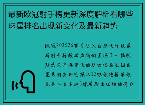 最新欧冠射手榜更新深度解析看哪些球星排名出现新变化及最新趋势